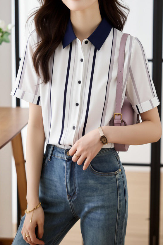 Elegant Commuter Contrast Vertical Stripe Shirt - liwisi