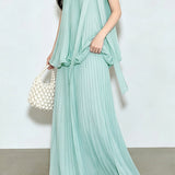 Casual Vacation Sleeveless Tank Top And Pleated Midi Skirt Set