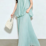 Casual Vacation Sleeveless Tank Top And Pleated Midi Skirt Set