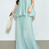 Casual Vacation Sleeveless Tank Top And Pleated Midi Skirt Set