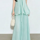 Casual Vacation Sleeveless Tank Top And Pleated Midi Skirt Set