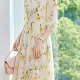 Gentle Commuter Apricot Base Yellow Rose Printed Dress