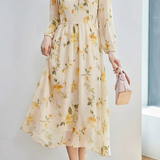 Gentle Commuter Apricot Base Yellow Rose Printed Dress
