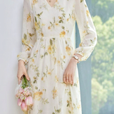 Gentle Commuter Apricot Base Yellow Rose Printed Dress