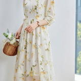Gentle Commuter Apricot Base Yellow Rose Printed Dress