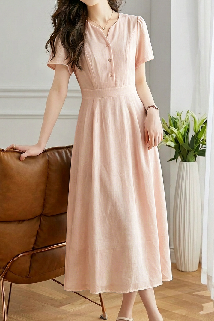 Gentle Commuter V-Neck Flutter Sleeve Waist Cinched Dress