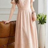 Gentle Commuter V-Neck Flutter Sleeve Waist Cinched Dress