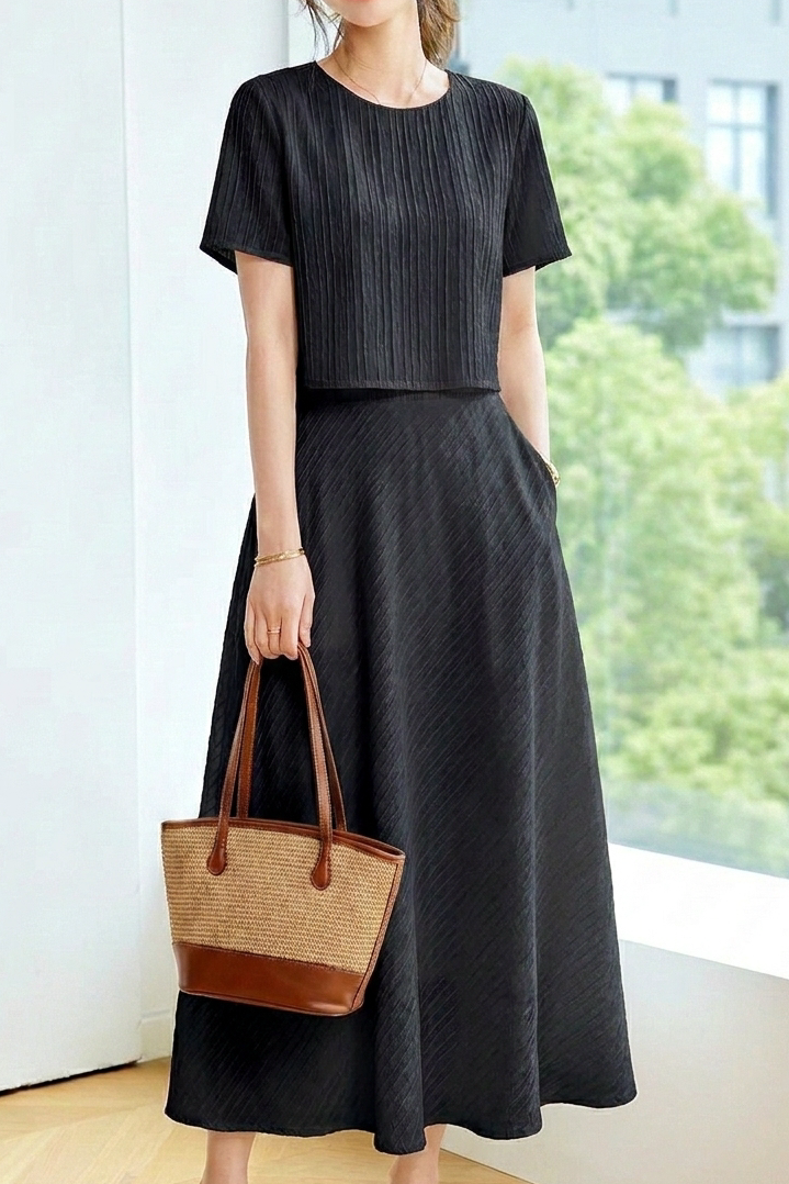 Gentle Commuter Round Neck Top And Textured A-Line Long Skirt Set