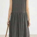 Commuter Dark Grid Textured Ruched Sleeveless Dress