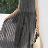 Commuter Dark Grid Textured Ruched Sleeveless Dress