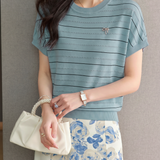 Elegant Commuter Thin Striped Knit T-Shirt