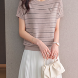 Elegant Commuter Thin Striped Knit T-Shirt