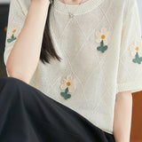 Gentle Commuter Daisy Embroidered Knit T-Shirt