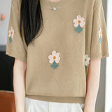Gentle Commuter Daisy Embroidered Knit T-Shirt