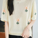 Gentle Commuter Daisy Embroidered Knit T-Shirt