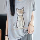 Cute Commuter Cat Printed Knit T-Shirt
