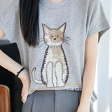 Cute Commuter Cat Printed Knit T-Shirt
