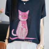 Cute Commuter Cat Printed Knit T-Shirt