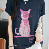 Cute Commuter Cat Printed Knit T-Shirt