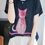 Cute Commuter Cat Printed Knit T-Shirt