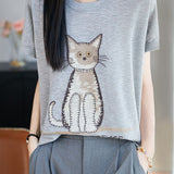 Cute Commuter Cat Printed Knit T-Shirt