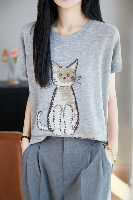 Cute Commuter Cat Printed Knit T-Shirt