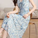 Casual Ink Wash Floral Tie Waist Dress