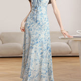 Casual Ink Wash Floral Tie Waist Dress