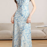 Casual Ink Wash Floral Tie Waist Dress