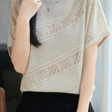 Gentle Commuter Round Neck Hollow Out Knit T-Shirt
