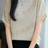 Gentle Commuter Round Neck Hollow Out Knit T-Shirt