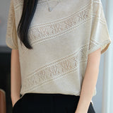 Gentle Commuter Round Neck Hollow Out Knit T-Shirt