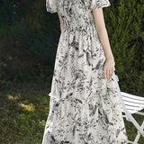 Casual Floral Square Neck Smocked Waist Dress