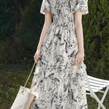 Casual Floral Square Neck Smocked Waist Dress
