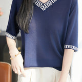 Elegant Commuter Geometric Pattern Knit T-Shirt