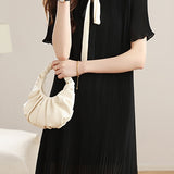 Elegant Vertical Pleat Color Contrast Ribbon Dress