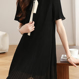 Elegant Vertical Pleat Color Contrast Ribbon Dress