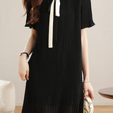 Elegant Vertical Pleat Color Contrast Ribbon Dress