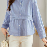 Elegant Commuter Pleated Stripe Long Sleeve Shirt