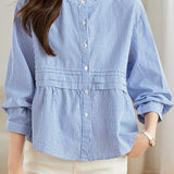 Elegant Commuter Pleated Stripe Long Sleeve Shirt