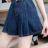 Elegant Commuter High Waist Denim Pleated Shorts