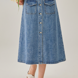 Retro Commuter Single Breasted Denim Midi Skirt