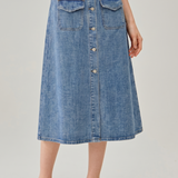 Retro Commuter Single Breasted Denim Midi Skirt