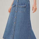 Retro Commuter Single Breasted Denim Midi Skirt