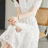 Gentle Commuter V-Neck Hollow Out Embroidered Dress
