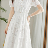 Gentle Commuter V-Neck Hollow Out Embroidered Dress