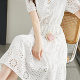 Gentle Commuter V-Neck Hollow Out Embroidered Dress