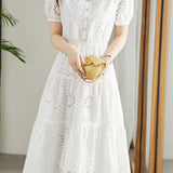 Gentle Commuter V-Neck Hollow Out Embroidered Dress