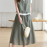 Casual V-Neck Fake Two-Piece Shirt And Skirt Two-Piece Set