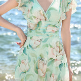 Fresh Floral Ruffle Halter Skirted Swimsuit